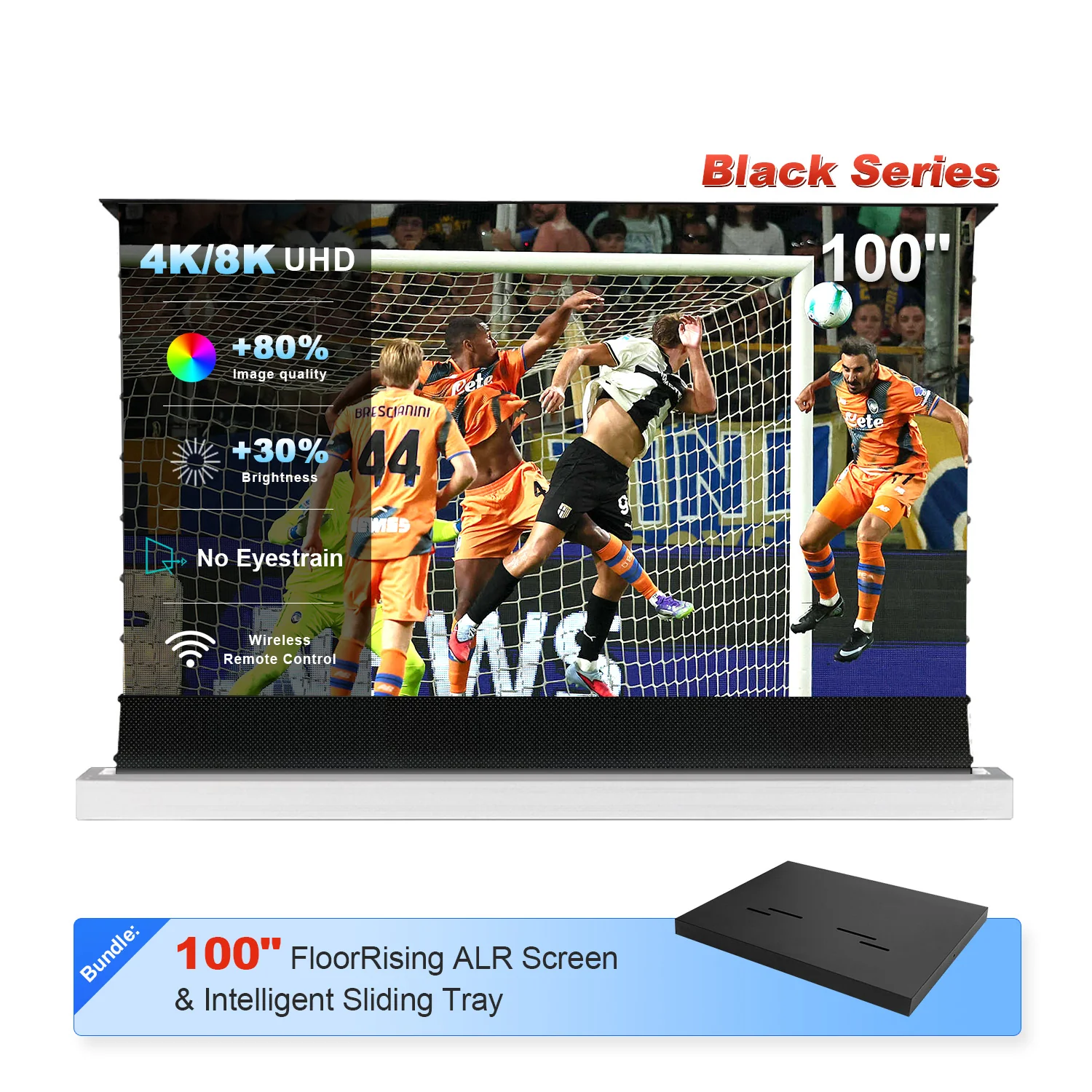 84"-130" NP Black Series 95% ALR Motorized Floor Rising Screen + Intelligent Sliding Tray (Bundle) - Image 4