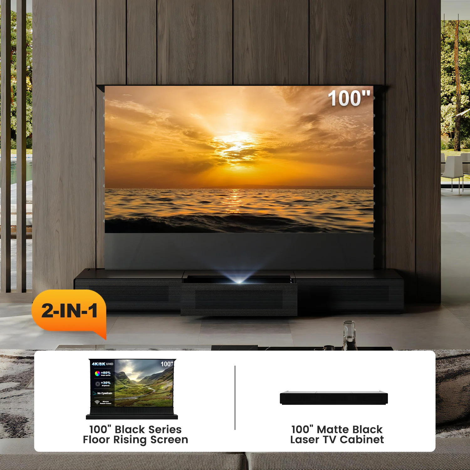 Shore UST Projector Matte Cabinet + Black Series Motorized Floor Rising Screen Bundle (Pre-Assembled) - Image 11