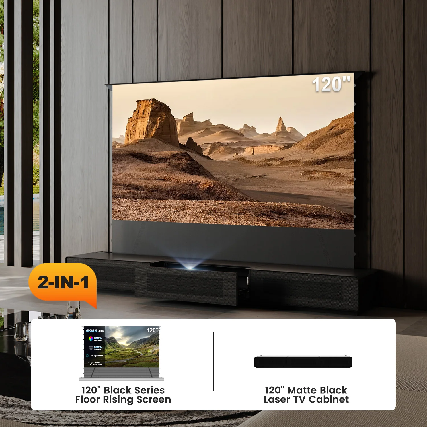 Shore UST Projector Matte Cabinet + Black Series Motorized Floor Rising Screen Bundle (Pre-Assembled) - Image 23