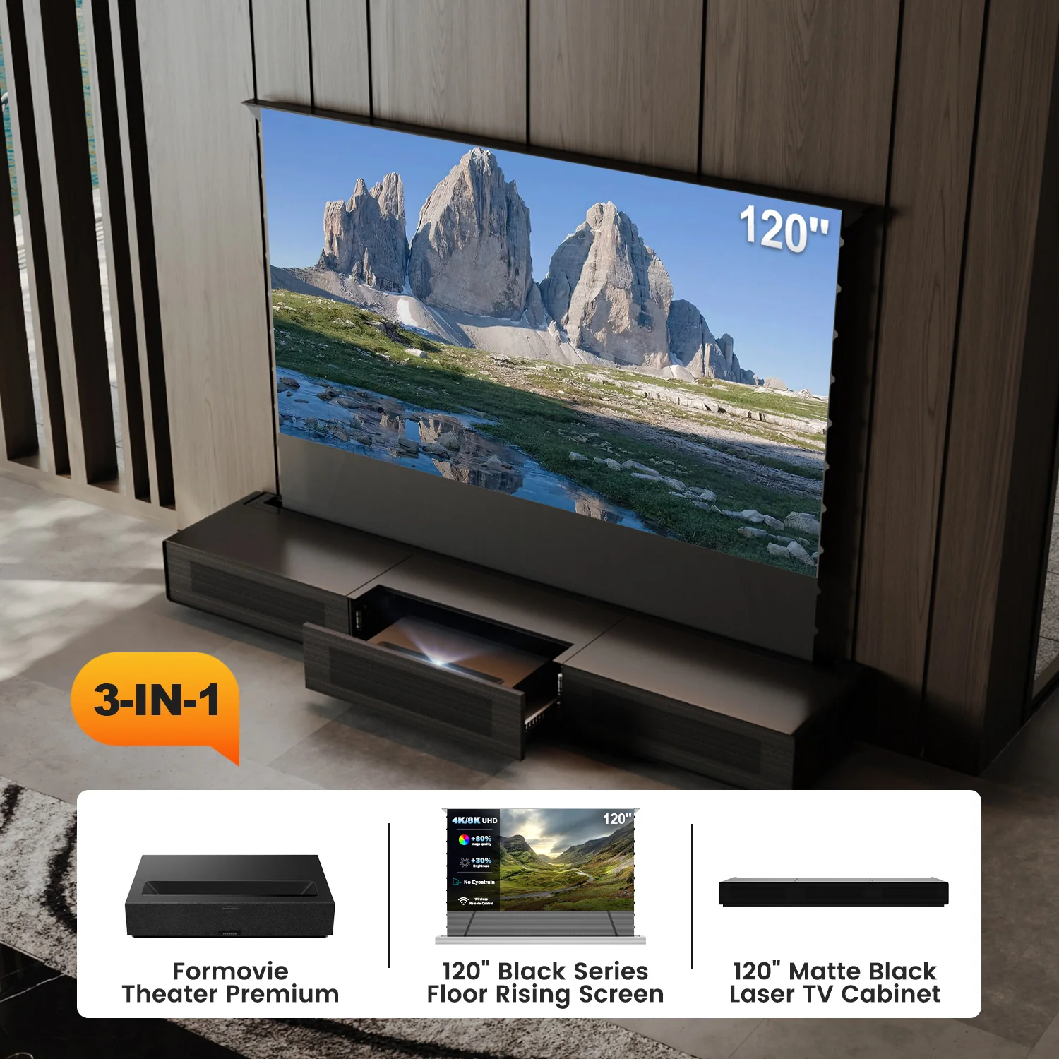 Shore UST Projector Matte Cabinet + Black Series Motorized Floor Rising Screen Bundle (Pre-Assembled) - Image 26
