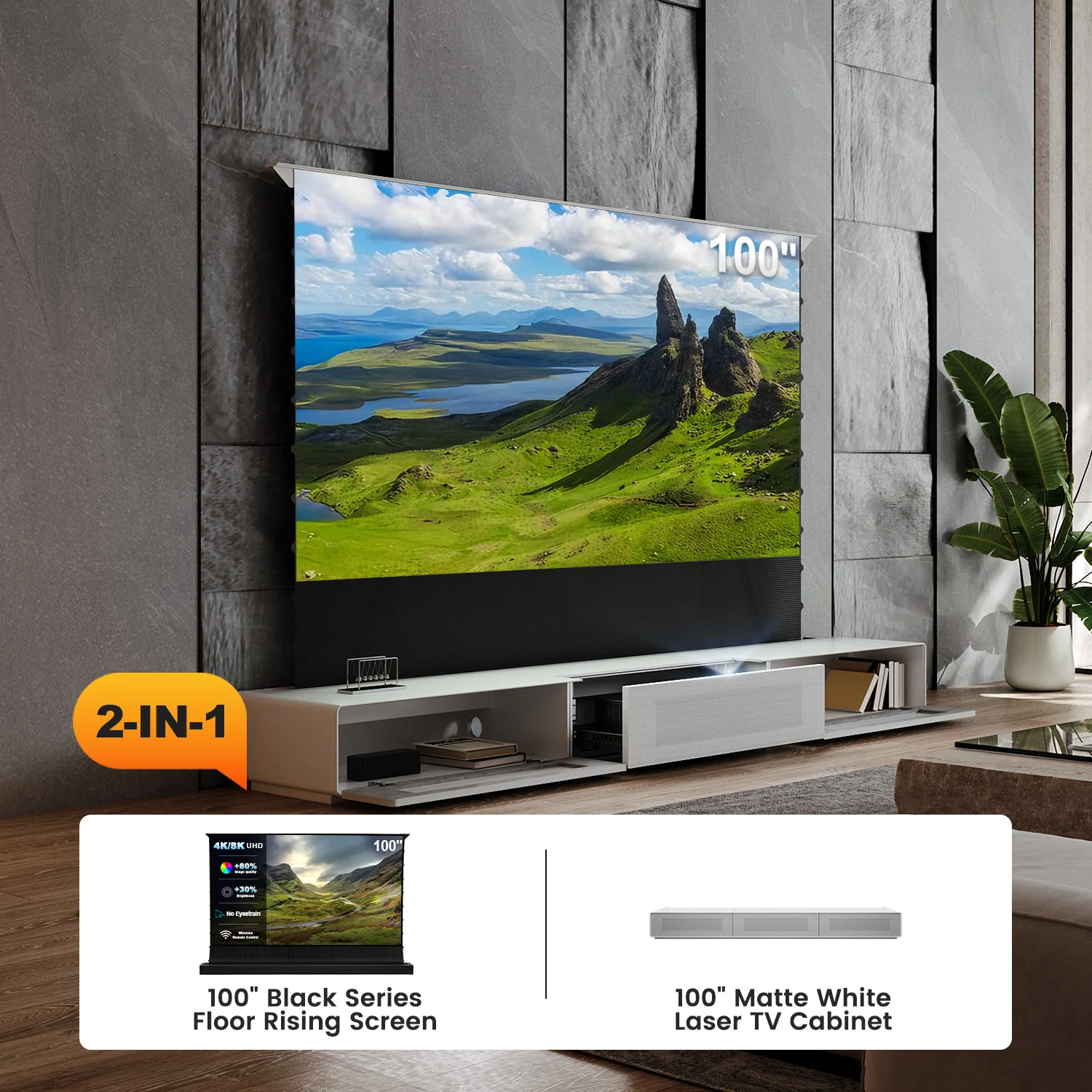 Shore UST Projector Matte Cabinet + Black Series Motorized Floor Rising Screen Bundle (Pre-Assembled) - Image 27