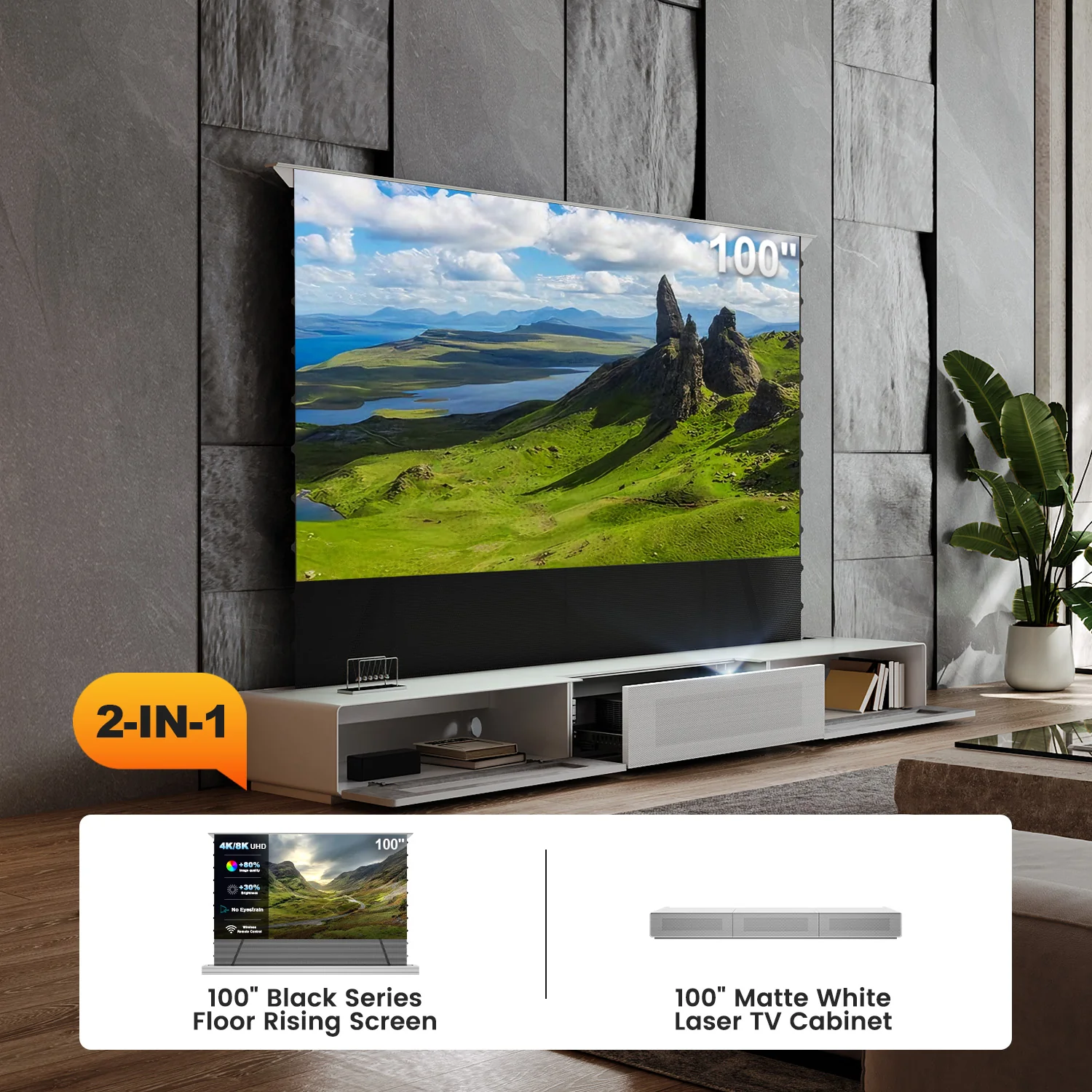 Shore UST Projector Matte Cabinet + Black Series Motorized Floor Rising Screen Bundle (Pre-Assembled) - Image 28