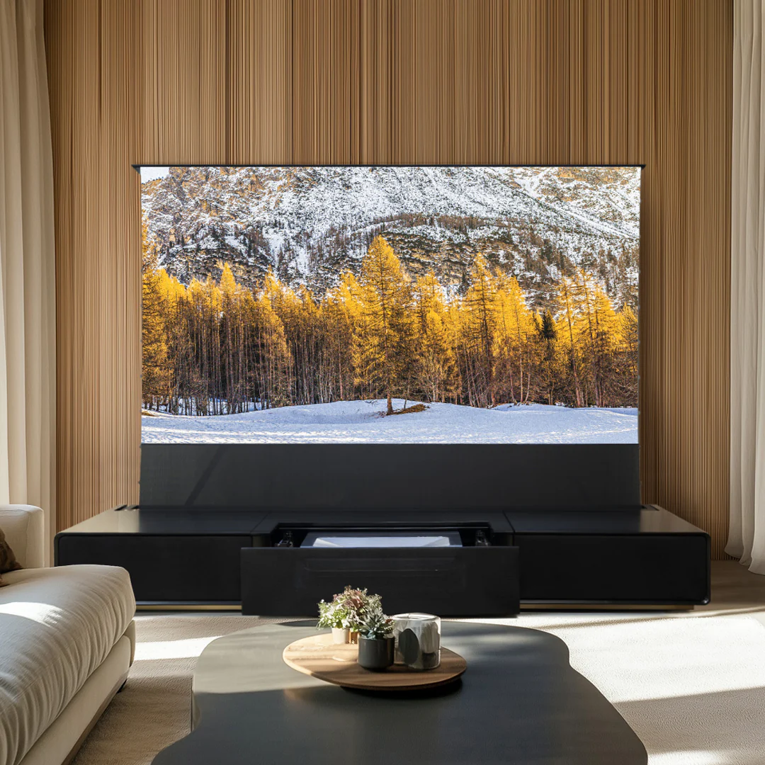 Shore UST Projector Matte Cabinet + Black Series Motorized Floor Rising Screen Bundle (Pre-Assembled) - Image 3