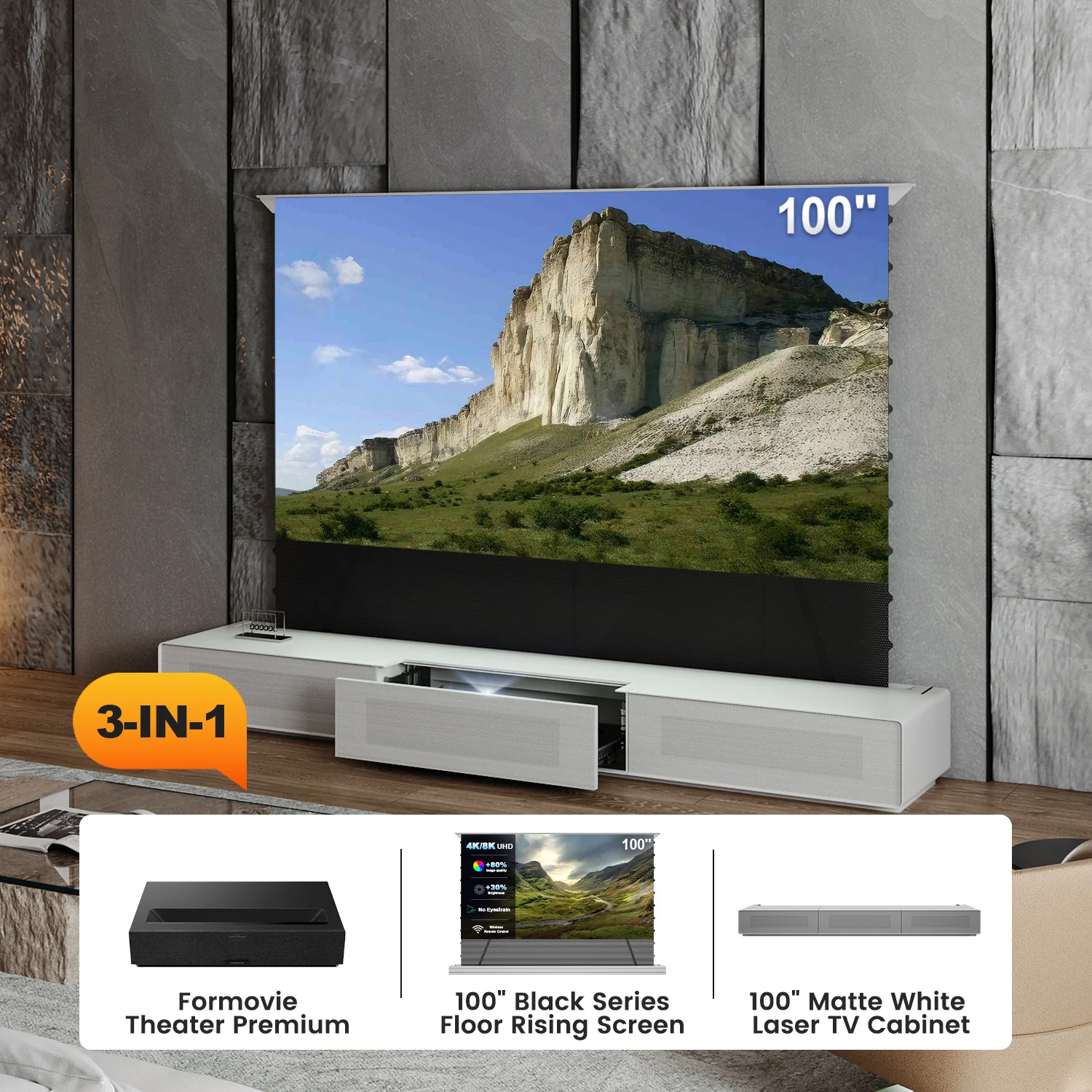 Shore UST Projector Matte Cabinet + Black Series Motorized Floor Rising Screen Bundle (Pre-Assembled) - Image 30