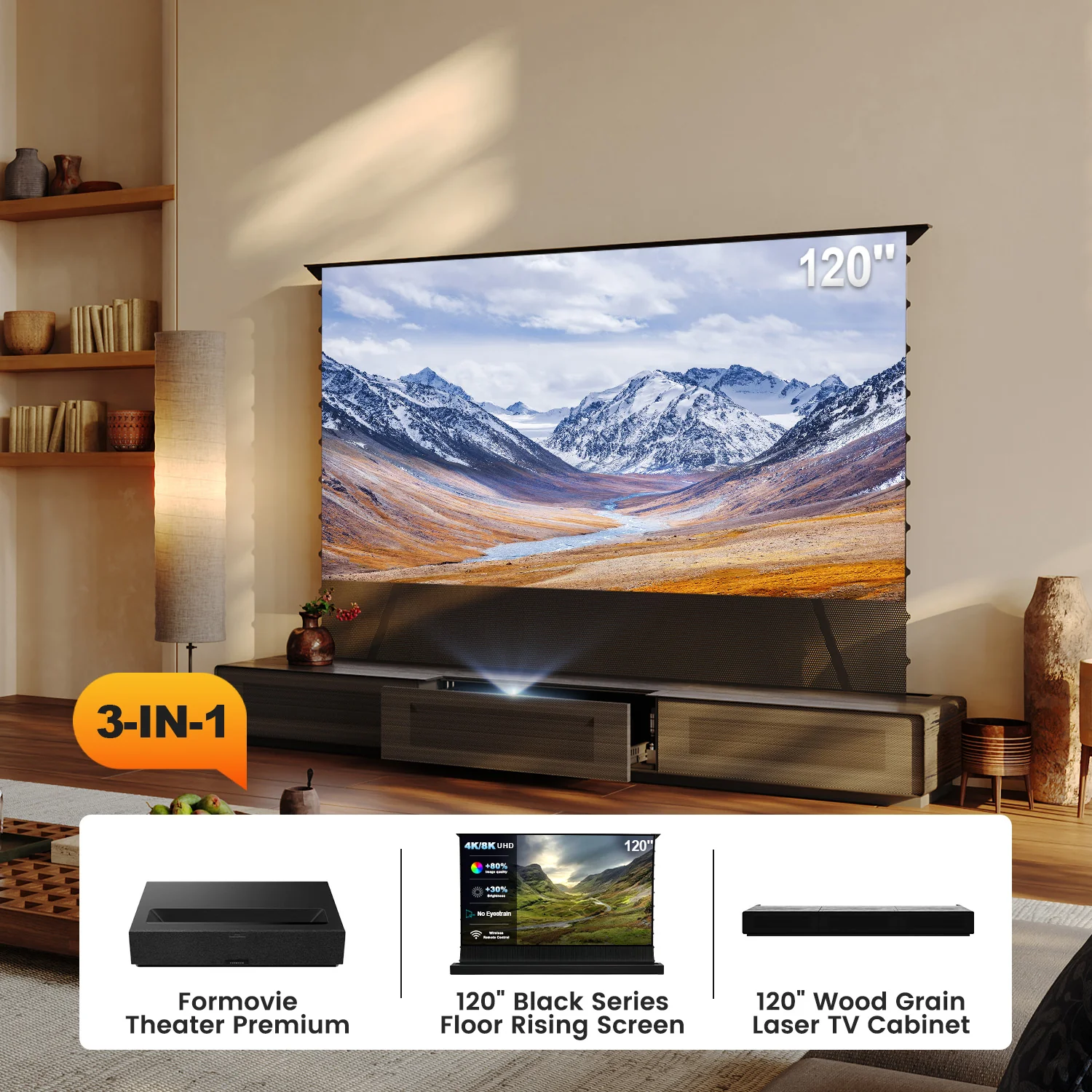 Shore Wood Grain UST Projector Cabinet + Black Series Motorized Floor Rising Screen Bundle (Cabinet Pre-Assembled) - Image 14