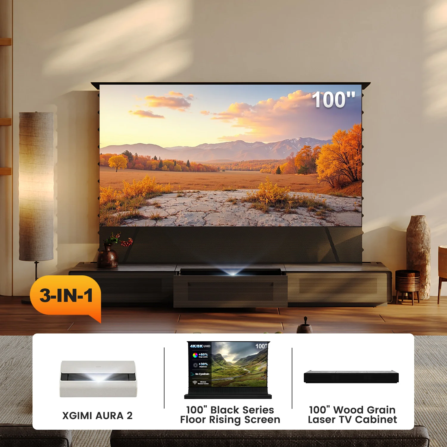 Shore Wood Grain UST Projector Cabinet + Black Series Motorized Floor Rising Screen Bundle (Cabinet Pre-Assembled) - Image 16