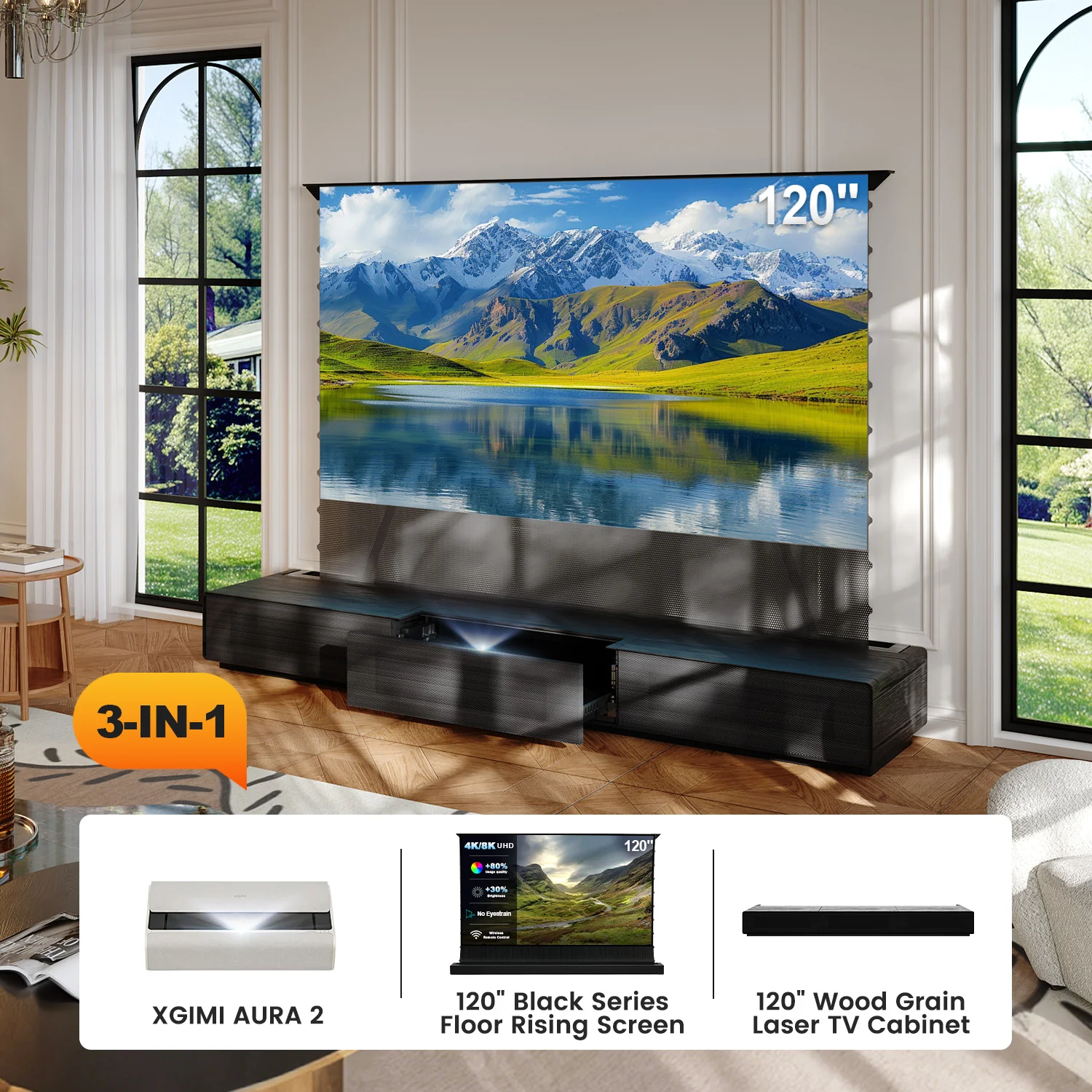 Shore Wood Grain UST Projector Cabinet + Black Series Motorized Floor Rising Screen Bundle (Cabinet Pre-Assembled) - Image 17