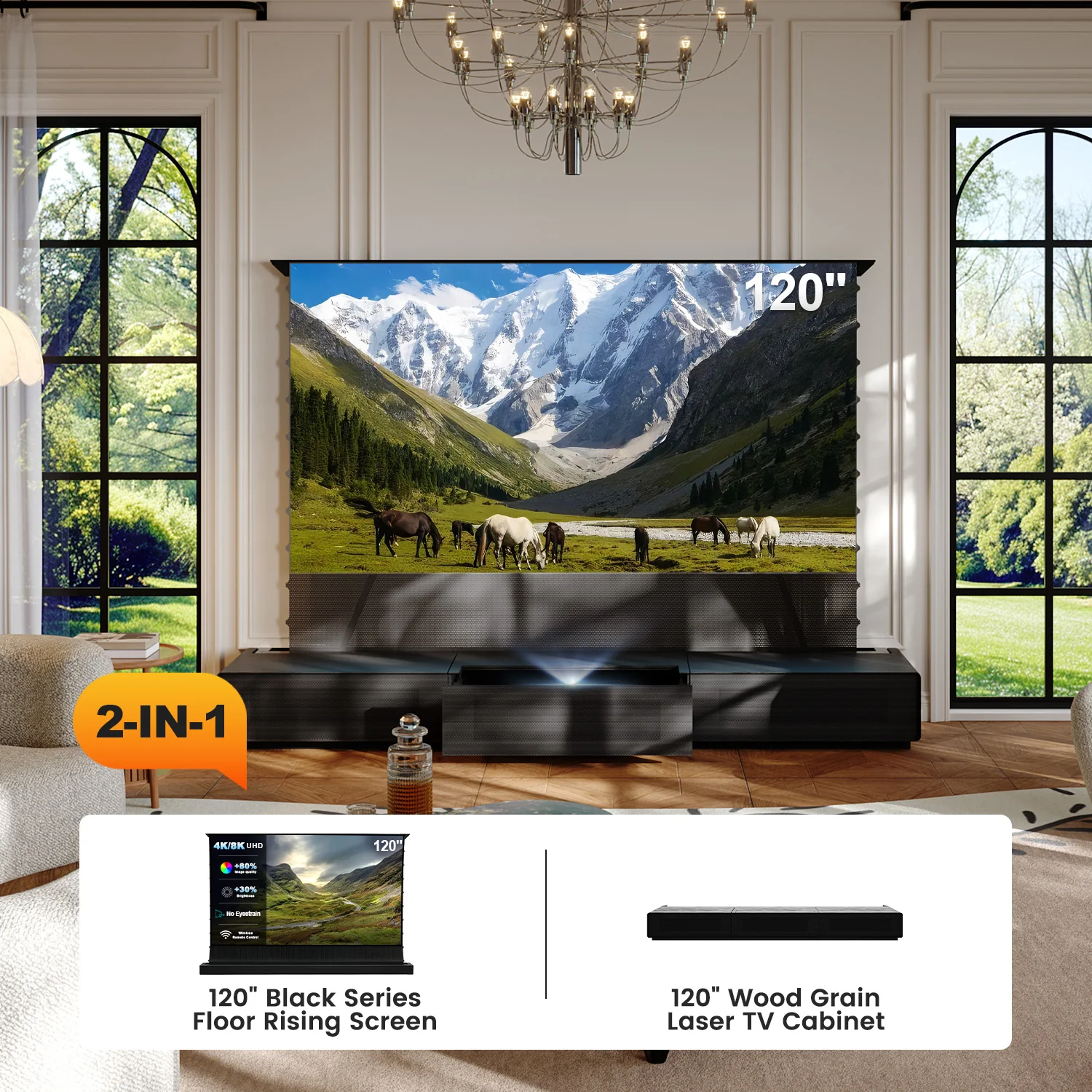 Shore Wood Grain UST Projector Cabinet + Black Series Motorized Floor Rising Screen Bundle (Cabinet Pre-Assembled) - Image 9